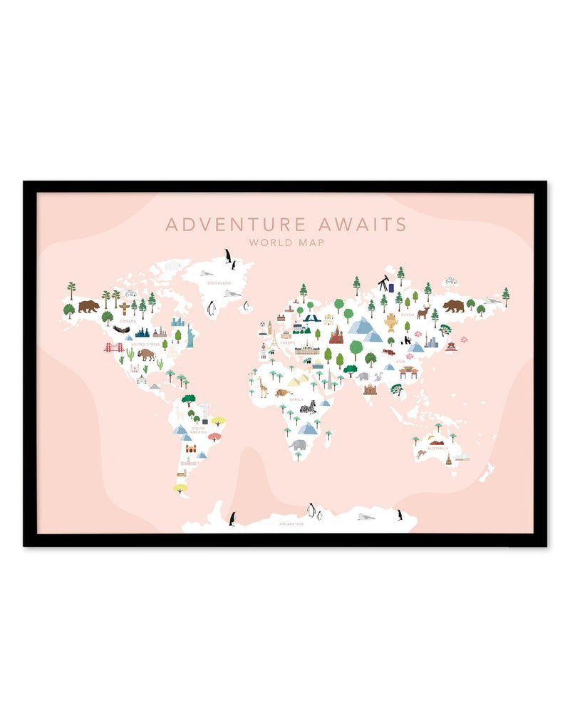 Adventure Awaits World Map | Blush Art Print-PRINT-Olive et Oriel-Olive et Oriel-A5 | 5.8" x 8.3" | 14.8 x 21cm-Black-With White Border-Buy-Australian-Art-Prints-Online-with-Olive-et-Oriel-Your-Artwork-Specialists-Austrailia-Decorate-With-Coastal-Photo-Wall-Art-Prints-From-Our-Beach-House-Artwork-Collection-Fine-Poster-and-Framed-Artwork
