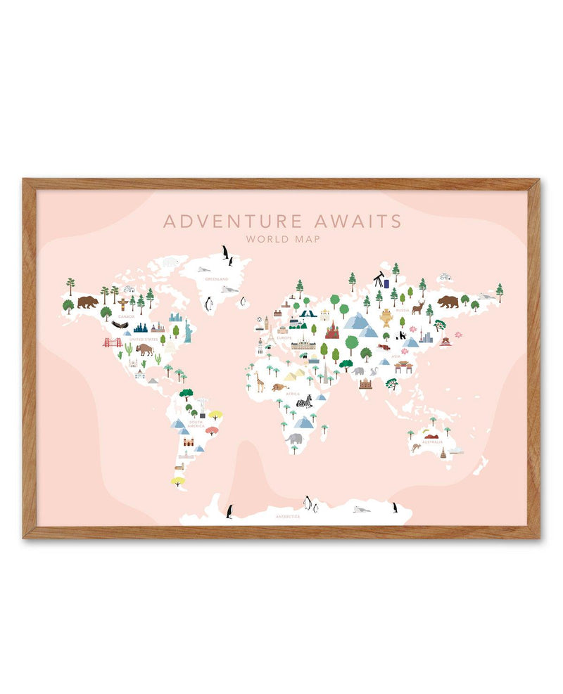 Adventure Awaits World Map | Blush Art Print-PRINT-Olive et Oriel-Olive et Oriel-50x70 cm | 19.6" x 27.5"-Walnut-With White Border-Buy-Australian-Art-Prints-Online-with-Olive-et-Oriel-Your-Artwork-Specialists-Austrailia-Decorate-With-Coastal-Photo-Wall-Art-Prints-From-Our-Beach-House-Artwork-Collection-Fine-Poster-and-Framed-Artwork