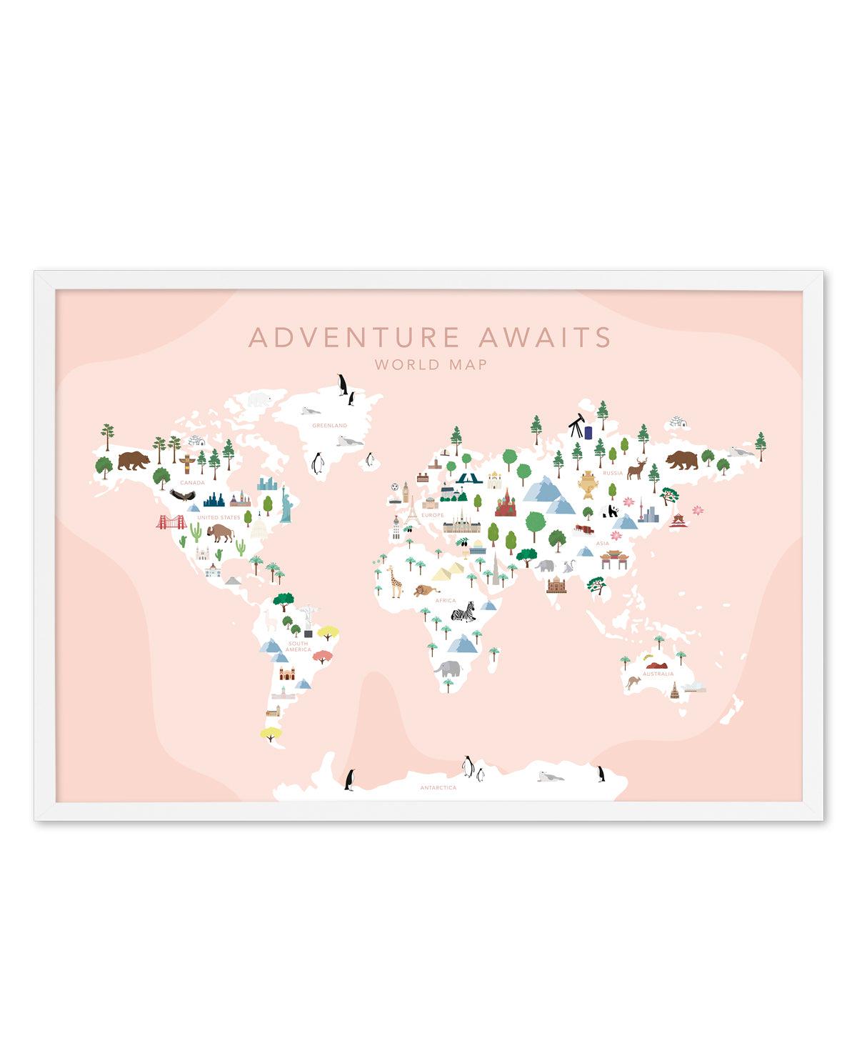 Adventure Awaits World Map | Blush Art Print-PRINT-Olive et Oriel-Olive et Oriel-A5 | 5.8" x 8.3" | 14.8 x 21cm-White-With White Border-Buy-Australian-Art-Prints-Online-with-Olive-et-Oriel-Your-Artwork-Specialists-Austrailia-Decorate-With-Coastal-Photo-Wall-Art-Prints-From-Our-Beach-House-Artwork-Collection-Fine-Poster-and-Framed-Artwork