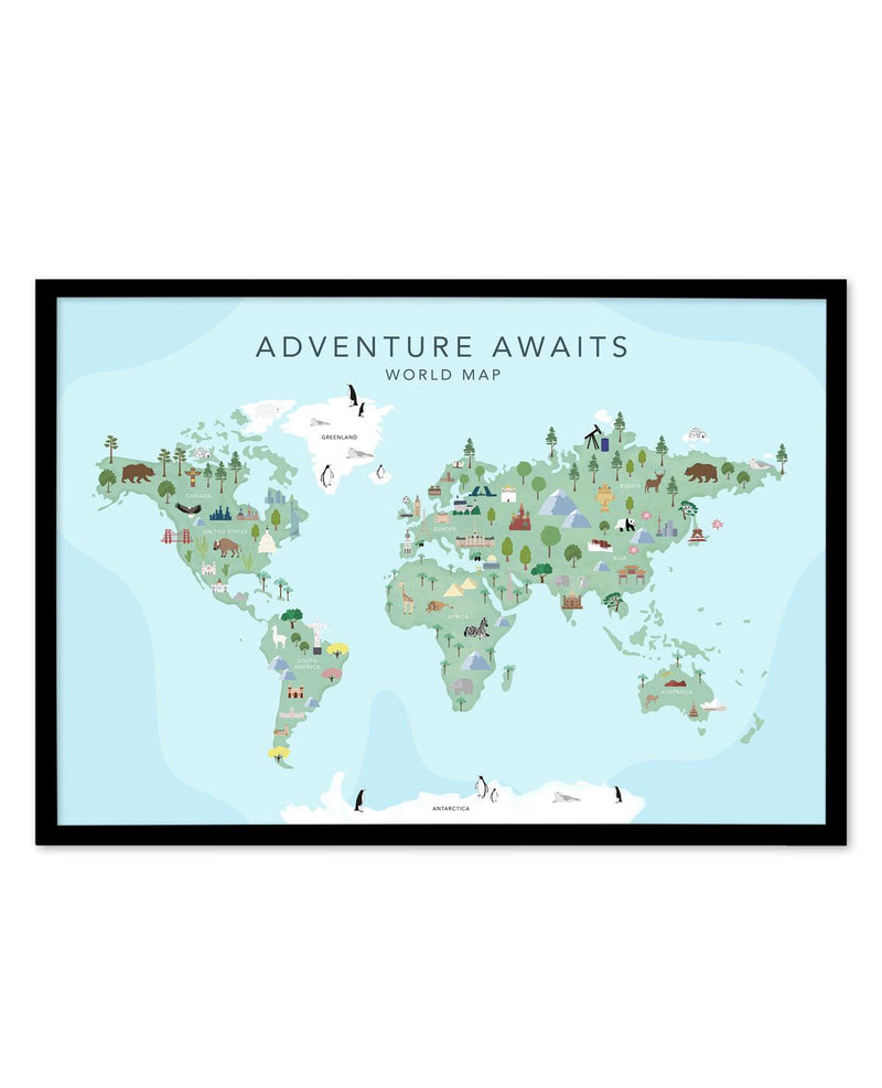 Adventure Awaits World Map | Blue Art Print-PRINT-Olive et Oriel-Olive et Oriel-A5 | 5.8" x 8.3" | 14.8 x 21cm-Black-With White Border-Buy-Australian-Art-Prints-Online-with-Olive-et-Oriel-Your-Artwork-Specialists-Austrailia-Decorate-With-Coastal-Photo-Wall-Art-Prints-From-Our-Beach-House-Artwork-Collection-Fine-Poster-and-Framed-Artwork