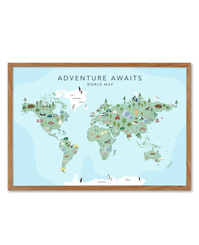 Adventure Awaits World Map | Blue Art Print-PRINT-Olive et Oriel-Olive et Oriel-50x70 cm | 19.6" x 27.5"-Walnut-With White Border-Buy-Australian-Art-Prints-Online-with-Olive-et-Oriel-Your-Artwork-Specialists-Austrailia-Decorate-With-Coastal-Photo-Wall-Art-Prints-From-Our-Beach-House-Artwork-Collection-Fine-Poster-and-Framed-Artwork