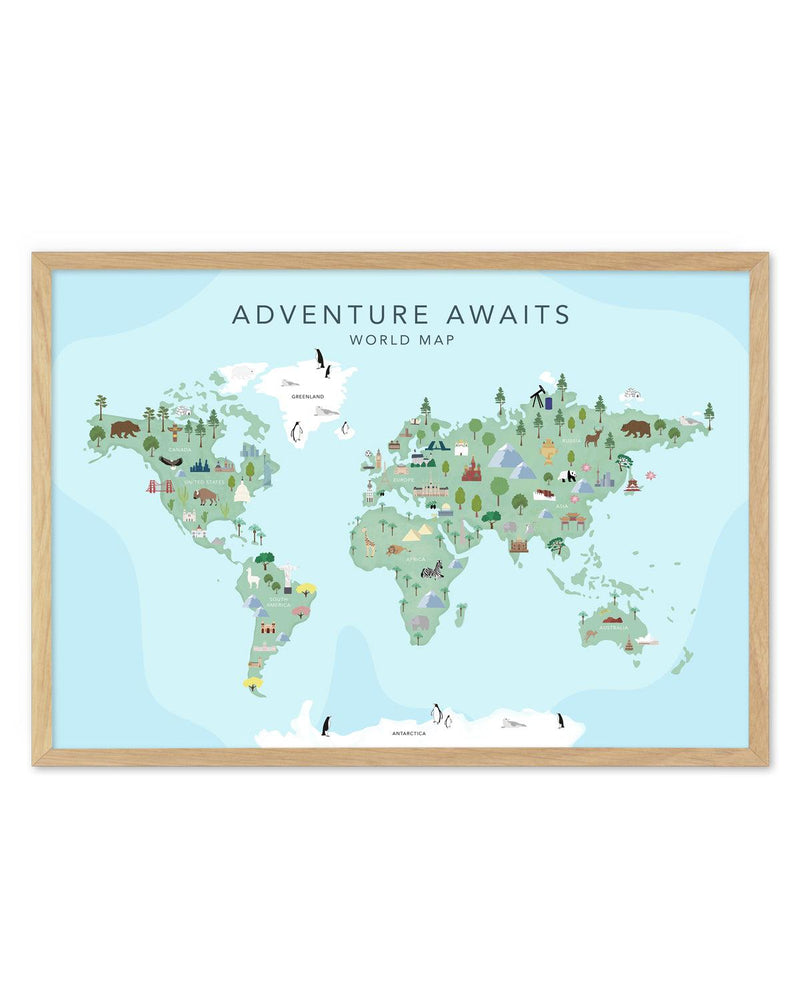 Adventure Awaits World Map | Blue Art Print-PRINT-Olive et Oriel-Olive et Oriel-A5 | 5.8" x 8.3" | 14.8 x 21cm-Oak-With White Border-Buy-Australian-Art-Prints-Online-with-Olive-et-Oriel-Your-Artwork-Specialists-Austrailia-Decorate-With-Coastal-Photo-Wall-Art-Prints-From-Our-Beach-House-Artwork-Collection-Fine-Poster-and-Framed-Artwork