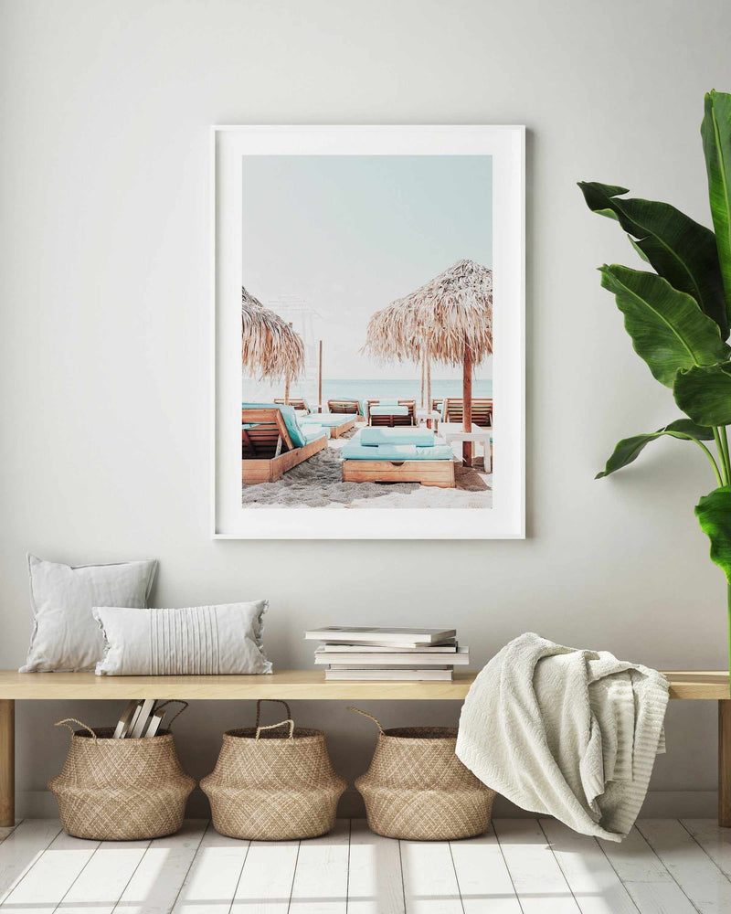 Aqua Sunlounges Art Print-Shop Greece Wall Art Prints Online with Olive et Oriel - Our collection of Greek Islands art prints offer unique wall art including blue domes of Santorini in Oia, mediterranean sea prints and incredible posters from Milos and other Greece landscape photography - this collection will add mediterranean blue to your home, perfect for updating the walls in coastal, beach house style. There is Greece art on canvas and extra large wall art with fast, free shipping across Aus