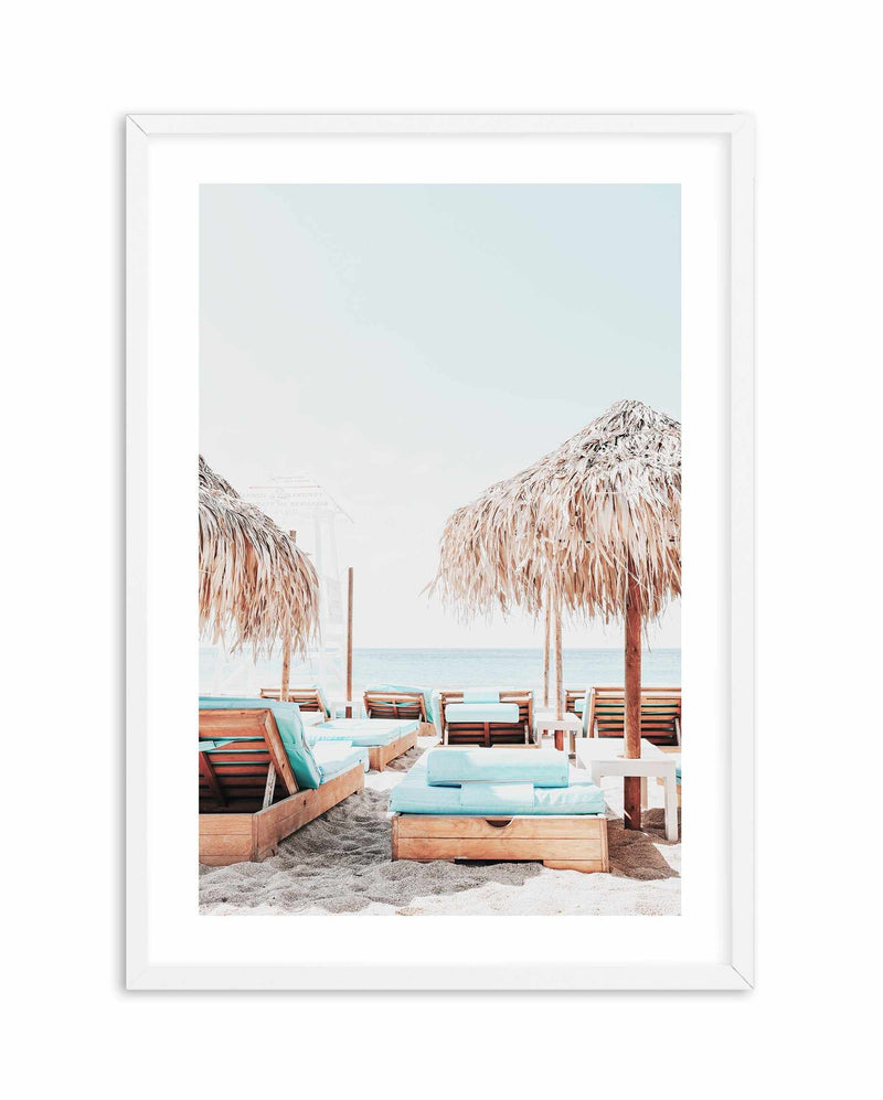 Aqua Sunlounges Art Print-Shop Greece Wall Art Prints Online with Olive et Oriel - Our collection of Greek Islands art prints offer unique wall art including blue domes of Santorini in Oia, mediterranean sea prints and incredible posters from Milos and other Greece landscape photography - this collection will add mediterranean blue to your home, perfect for updating the walls in coastal, beach house style. There is Greece art on canvas and extra large wall art with fast, free shipping across Aus
