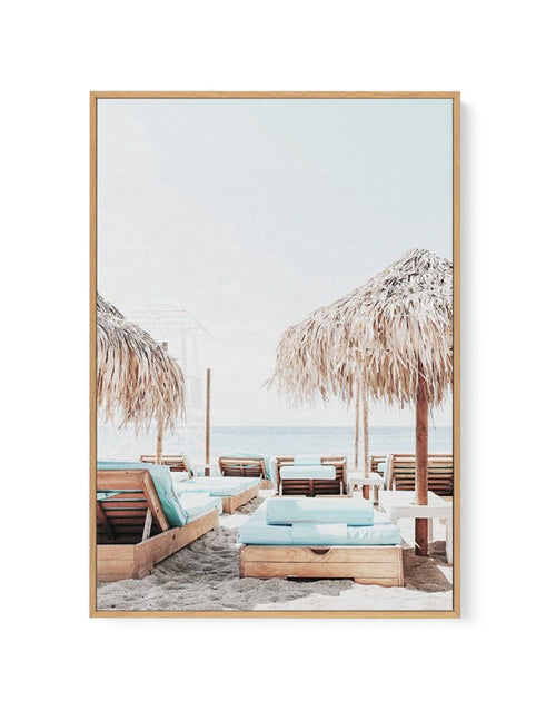 Aqua Sunlounges | Framed Canvas-Shop Greece Wall Art Prints Online with Olive et Oriel - Our collection of Greek Islands art prints offer unique wall art including blue domes of Santorini in Oia, mediterranean sea prints and incredible posters from Milos and other Greece landscape photography - this collection will add mediterranean blue to your home, perfect for updating the walls in coastal, beach house style. There is Greece art on canvas and extra large wall art with fast, free shipping acro