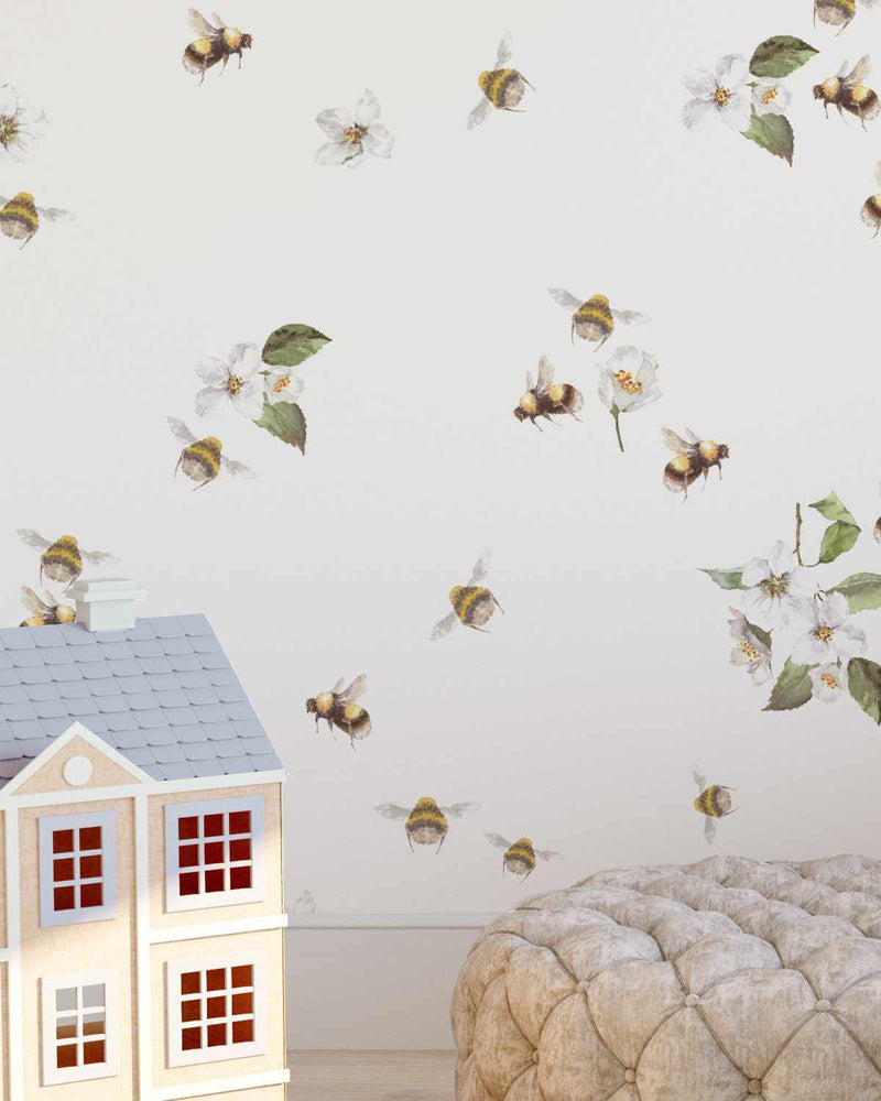 Bees & Flowers Decal Set-Decals-Olive et Oriel-Decorate your kids bedroom wall decor with removable wall decals, these fabric kids decals are a great way to add colour and update your children's bedroom. Available as girls wall decals or boys wall decals, there are also nursery decals.
