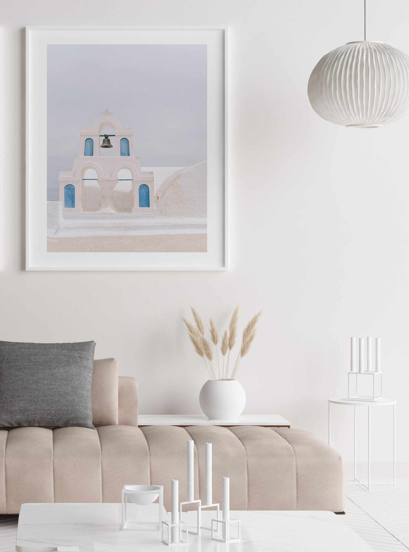 Bells Of Santorini Art Print-Shop Greece Wall Art Prints Online with Olive et Oriel - Our collection of Greek Islands art prints offer unique wall art including blue domes of Santorini in Oia, mediterranean sea prints and incredible posters from Milos and other Greece landscape photography - this collection will add mediterranean blue to your home, perfect for updating the walls in coastal, beach house style. There is Greece art on canvas and extra large wall art with fast, free shipping across 
