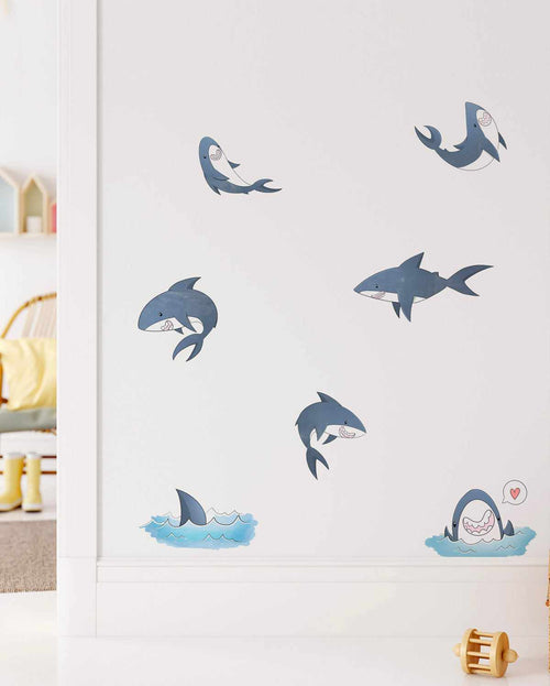 Cheeky Sharks Decal Set-Decals-Olive et Oriel-Decorate your kids bedroom wall decor with removable wall decals, these fabric kids decals are a great way to add colour and update your children's bedroom. Available as girls wall decals or boys wall decals, there are also nursery decals.