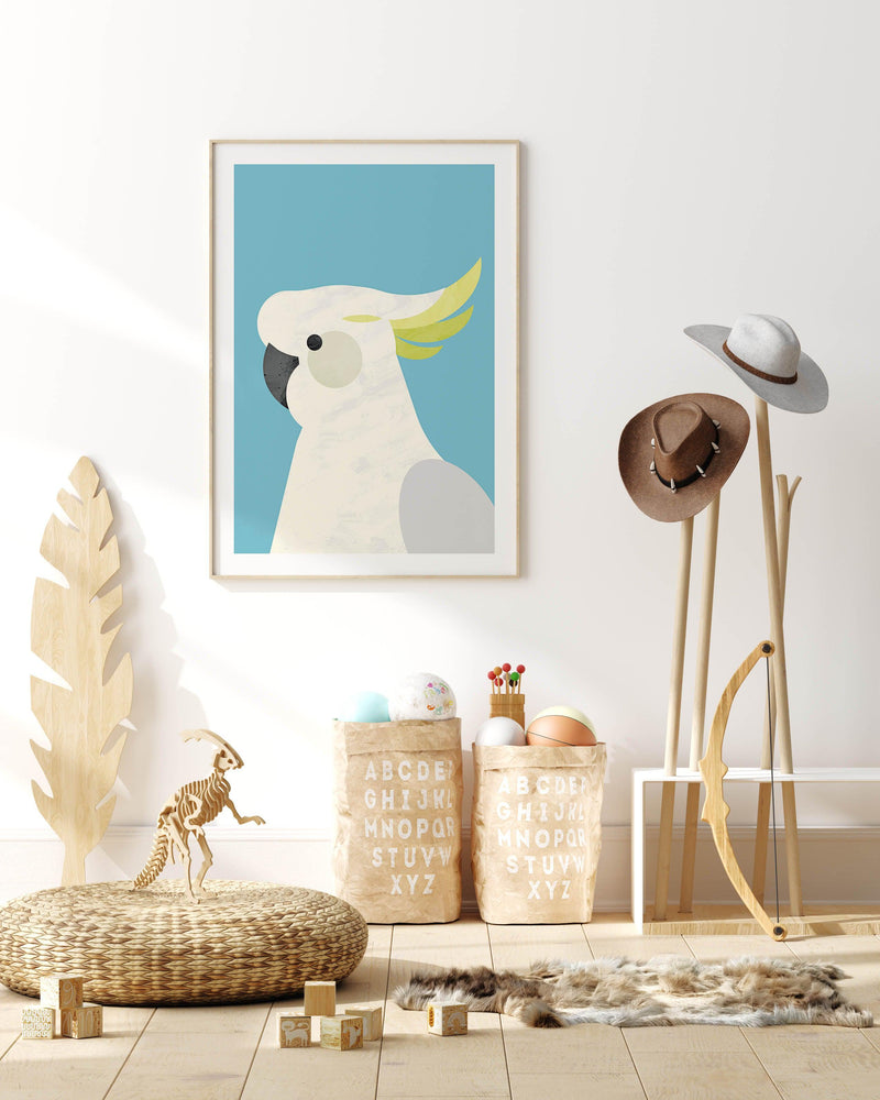 Cockatoo on Blue by Dan Hobday Art Print-PRINT-Olive et Oriel-Dan Hobday-Buy-Australian-Art-Prints-Online-with-Olive-et-Oriel-Your-Artwork-Specialists-Austrailia-Decorate-With-Coastal-Photo-Wall-Art-Prints-From-Our-Beach-House-Artwork-Collection-Fine-Poster-and-Framed-Artwork