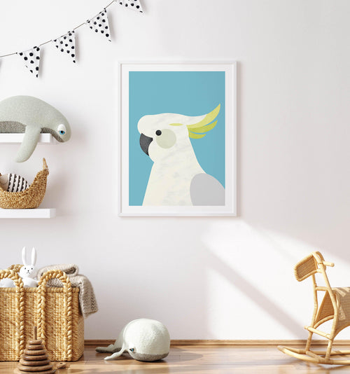 Cockatoo on Blue by Dan Hobday Art Print-PRINT-Olive et Oriel-Dan Hobday-Buy-Australian-Art-Prints-Online-with-Olive-et-Oriel-Your-Artwork-Specialists-Austrailia-Decorate-With-Coastal-Photo-Wall-Art-Prints-From-Our-Beach-House-Artwork-Collection-Fine-Poster-and-Framed-Artwork