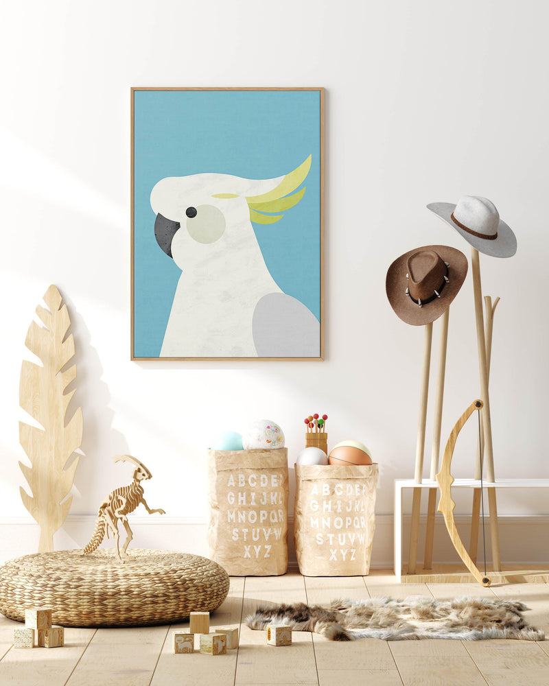 Cockatoo on Blue by Dan Hobday | Framed Canvas-CANVAS-You can shop wall art online with Olive et Oriel for everything from abstract art to fun kids wall art. Our beautiful modern art prints and canvas art are available from large canvas prints to wall art paintings and our proudly Australian artwork collection offers only the highest quality framed large wall art and canvas art Australia - You can buy fashion photography prints or Hampton print posters and paintings on canvas from Olive et Oriel