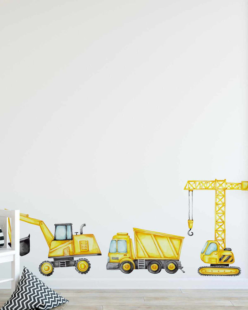 Construction Trucks Decal Set-Decals-Olive et Oriel-Decorate your kids bedroom wall decor with removable wall decals, these fabric kids decals are a great way to add colour and update your children's bedroom. Available as girls wall decals or boys wall decals, there are also nursery decals.