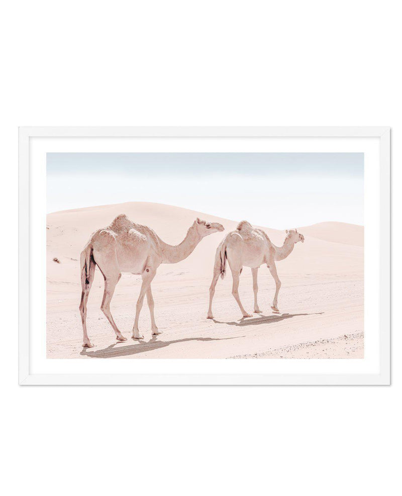 Desert Camels II Art Print-Shop Australian Art Prints Online with Olive et Oriel - Our collection of Moroccan art prints offer unique wall art including moroccan arches and pink morocco doors of marrakech - this collection will add soft feminine colour to your walls and some may say bohemian style. These traditional morocco landscape photography includes desert scenes of palm trees and camel art prints - there is art on canvas and extra large wall art with fast, free shipping across Australia. U