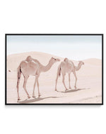 Desert Camels II | Framed Canvas-Shop Australian Art Prints Online with Olive et Oriel - Our collection of Moroccan art prints offer unique wall art including moroccan arches and pink morocco doors of marrakech - this collection will add soft feminine colour to your walls and some may say bohemian style. These traditional morocco landscape photography includes desert scenes of palm trees and camel art prints - there is art on canvas and extra large wall art with fast, free shipping across Austra