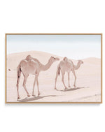 Desert Camels II | Framed Canvas-Shop Australian Art Prints Online with Olive et Oriel - Our collection of Moroccan art prints offer unique wall art including moroccan arches and pink morocco doors of marrakech - this collection will add soft feminine colour to your walls and some may say bohemian style. These traditional morocco landscape photography includes desert scenes of palm trees and camel art prints - there is art on canvas and extra large wall art with fast, free shipping across Austra