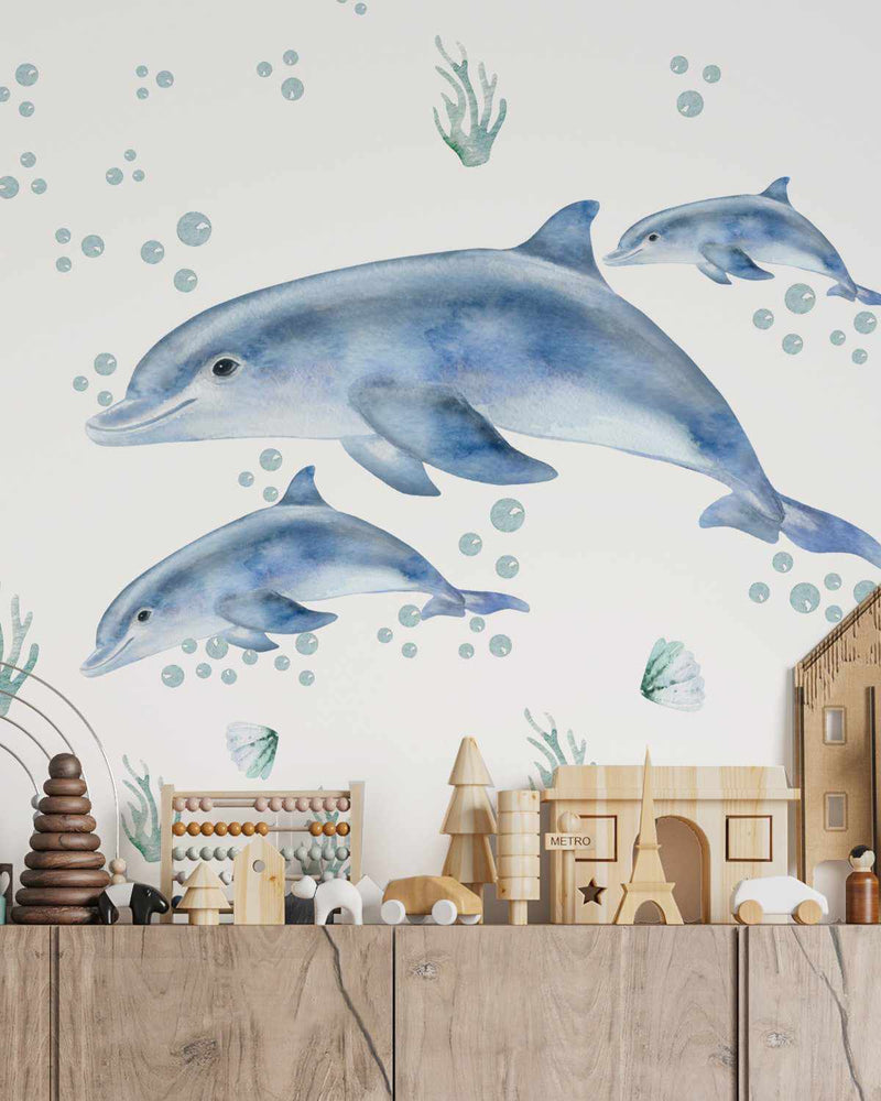 Dolphins and Bubbles Decal Set-Decals-Olive et Oriel-Decorate your kids bedroom wall decor with removable wall decals, these fabric kids decals are a great way to add colour and update your children's bedroom. Available as girls wall decals or boys wall decals, there are also nursery decals.