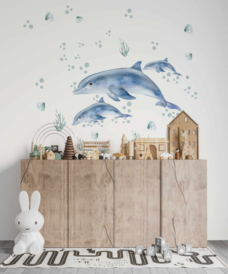Dolphins and Bubbles Decal Set-Decals-Olive et Oriel-Decorate your kids bedroom wall decor with removable wall decals, these fabric kids decals are a great way to add colour and update your children's bedroom. Available as girls wall decals or boys wall decals, there are also nursery decals.
