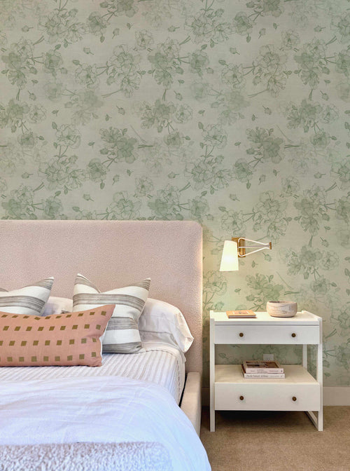 Falling Flowers in Sage Green Wallpaper-Wallpaper-Buy Australian Removable Wallpaper Now Sage Green Wallpaper Peel And Stick Wallpaper Online At Olive et Oriel Custom Made Wallpapers Wall Papers Decorate Your Bedroom Living Room Kids Room or Commercial Interior