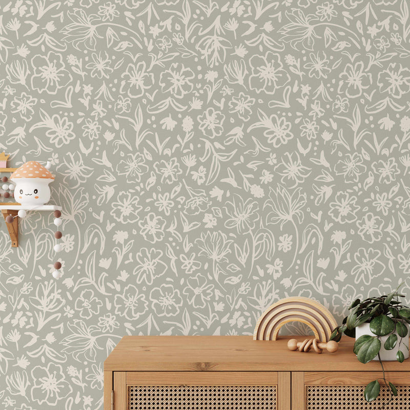 Florets Sage Green Wallpaper-Wallpaper-Buy Australian Removable Wallpaper Now Sage Green Wallpaper Peel And Stick Wallpaper Online At Olive et Oriel Custom Made Wallpapers Wall Papers Decorate Your Bedroom Living Room Kids Room or Commercial Interior