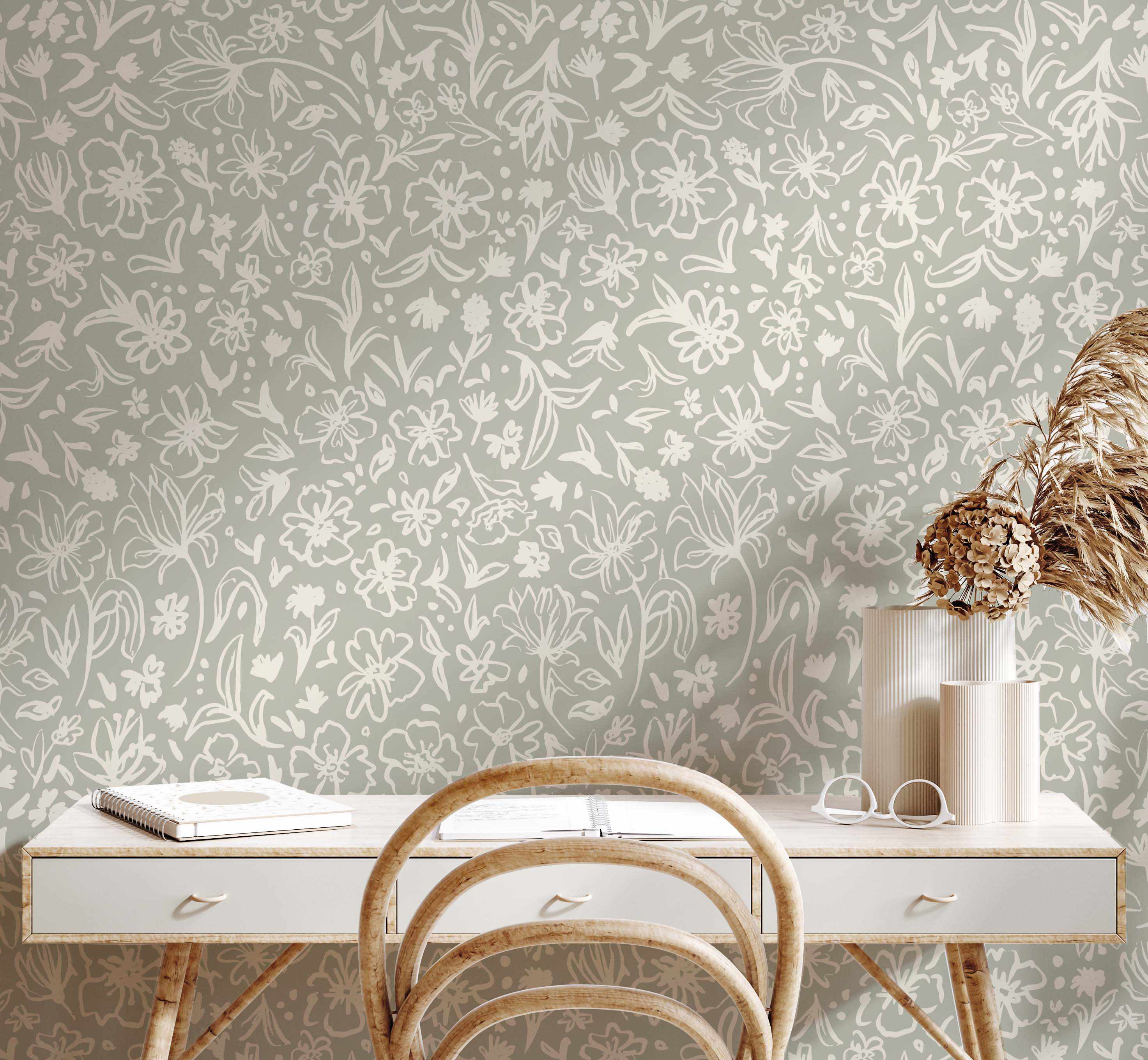 Florets Sage Green Wallpaper-Wallpaper-Buy Australian Removable Wallpaper Now Sage Green Wallpaper Peel And Stick Wallpaper Online At Olive et Oriel Custom Made Wallpapers Wall Papers Decorate Your Bedroom Living Room Kids Room or Commercial Interior