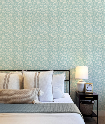 Folklore Light Teal Blue Wallpaper from Olive et Oriel where you can shop wallpaper and artworks online