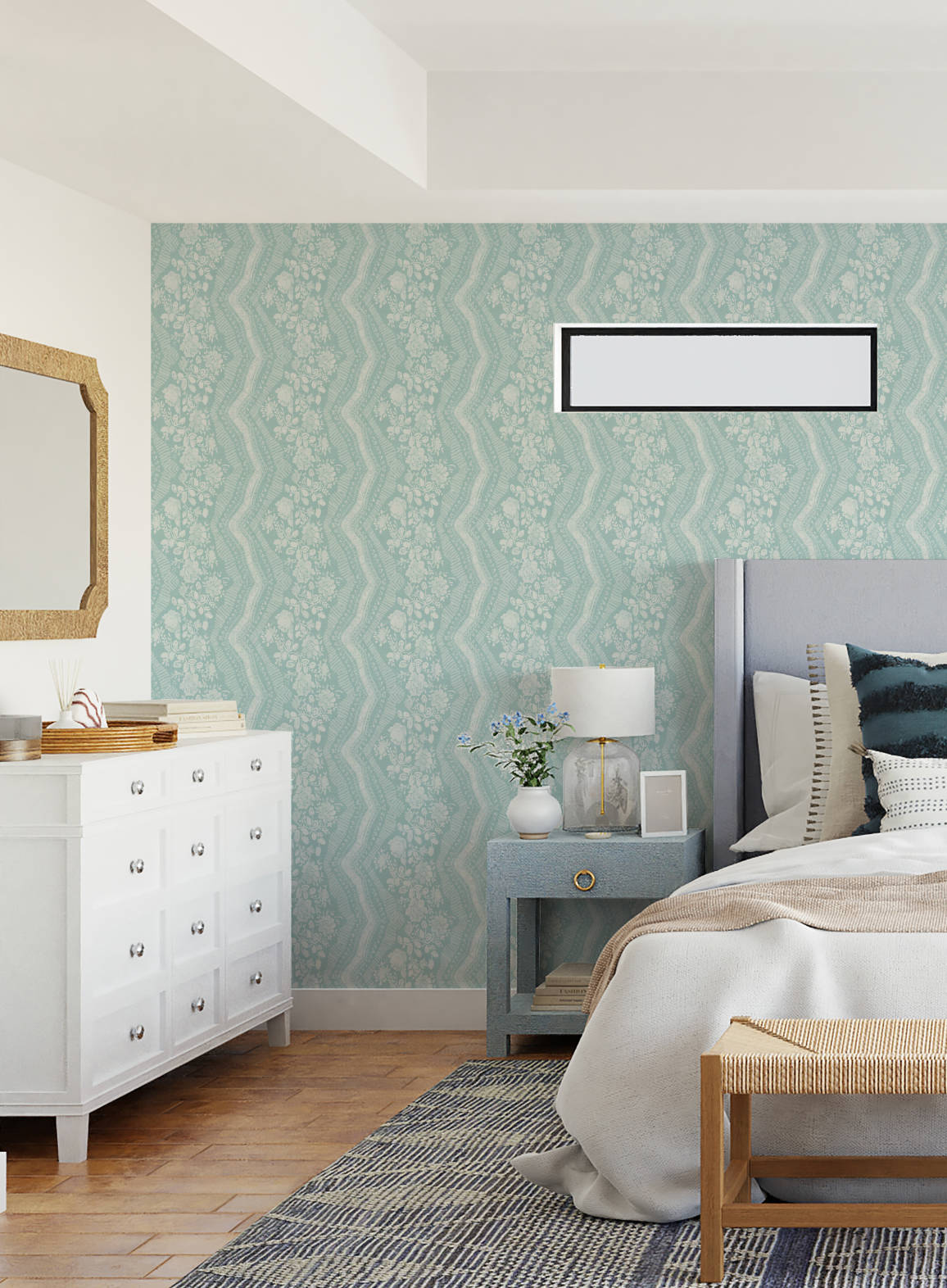 Herringbone Floral Light Teal Blue Wallpaper