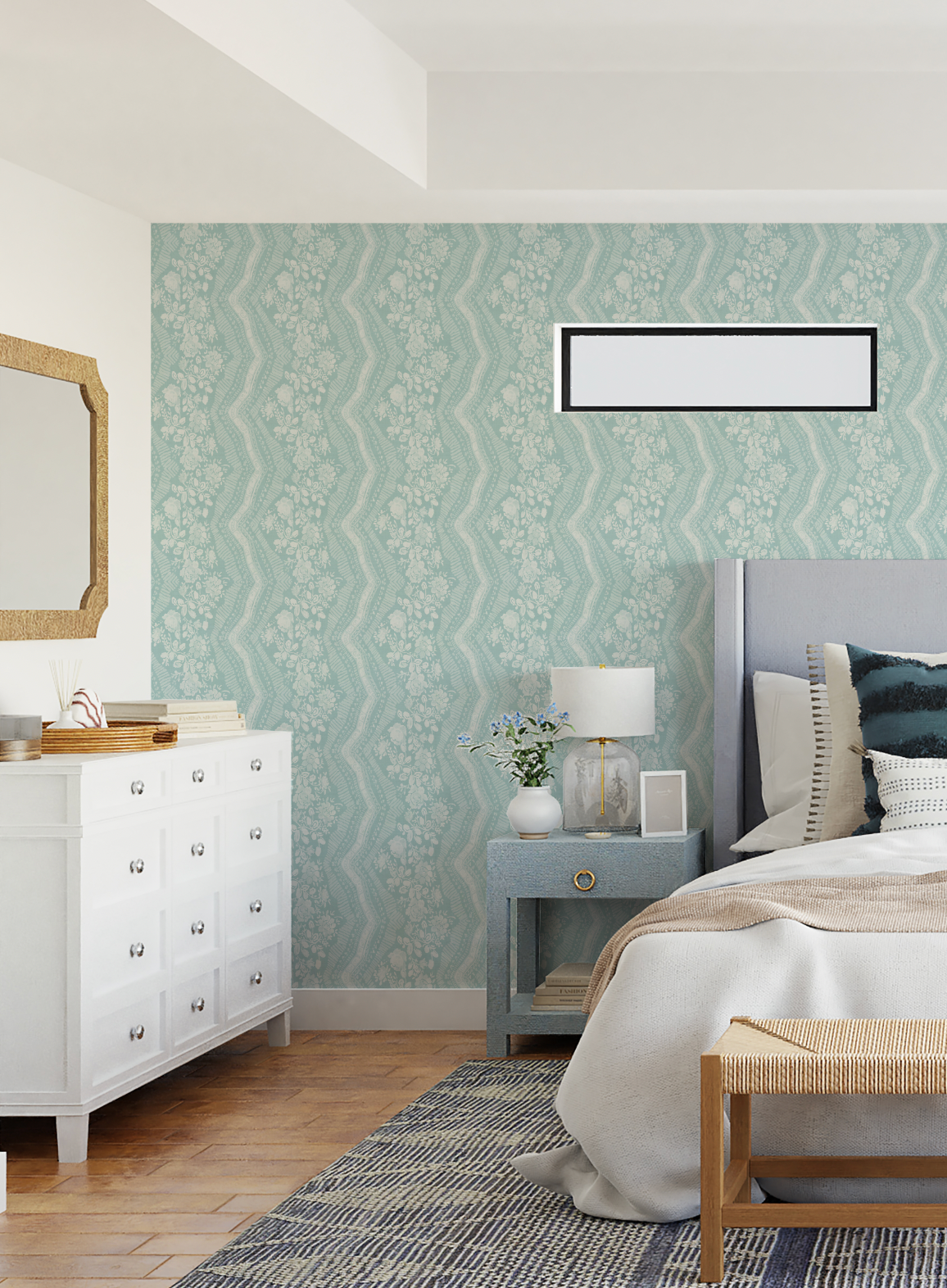 Herringbone Floral Light Teal Blue Wallpaper from Olive et Oriel where you can shop wallpaper and artworks online