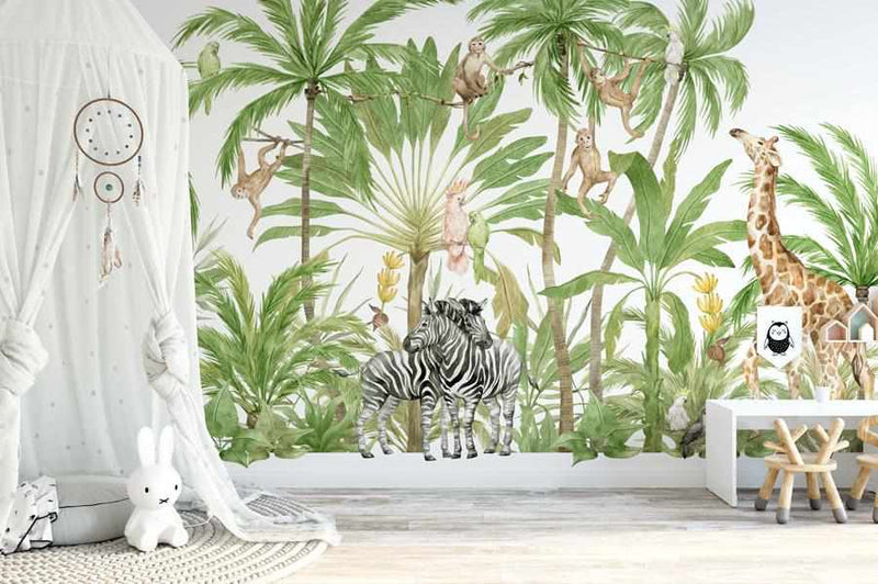 Jungle Love Wallpaper Mural-Wallpaper-Buy Kids Removable Wallpaper Online Our Custom Made Children‚àö¬¢‚Äö√á¬®‚Äö√ë¬¢s Wallpapers Are A Fun Way To Decorate And Enhance Boys Bedroom Decor And Girls Bedrooms They Are An Amazing Addition To Your Kids Bedroom Walls Our Collection of Kids Wallpaper Is Sure To Transform Your Kids Rooms Interior Style From Pink Wallpaper To Dinosaur Wallpaper Even Marble Wallpapers For Teen Boys Shop Peel And Stick Wallpaper Online Today With Olive et Oriel