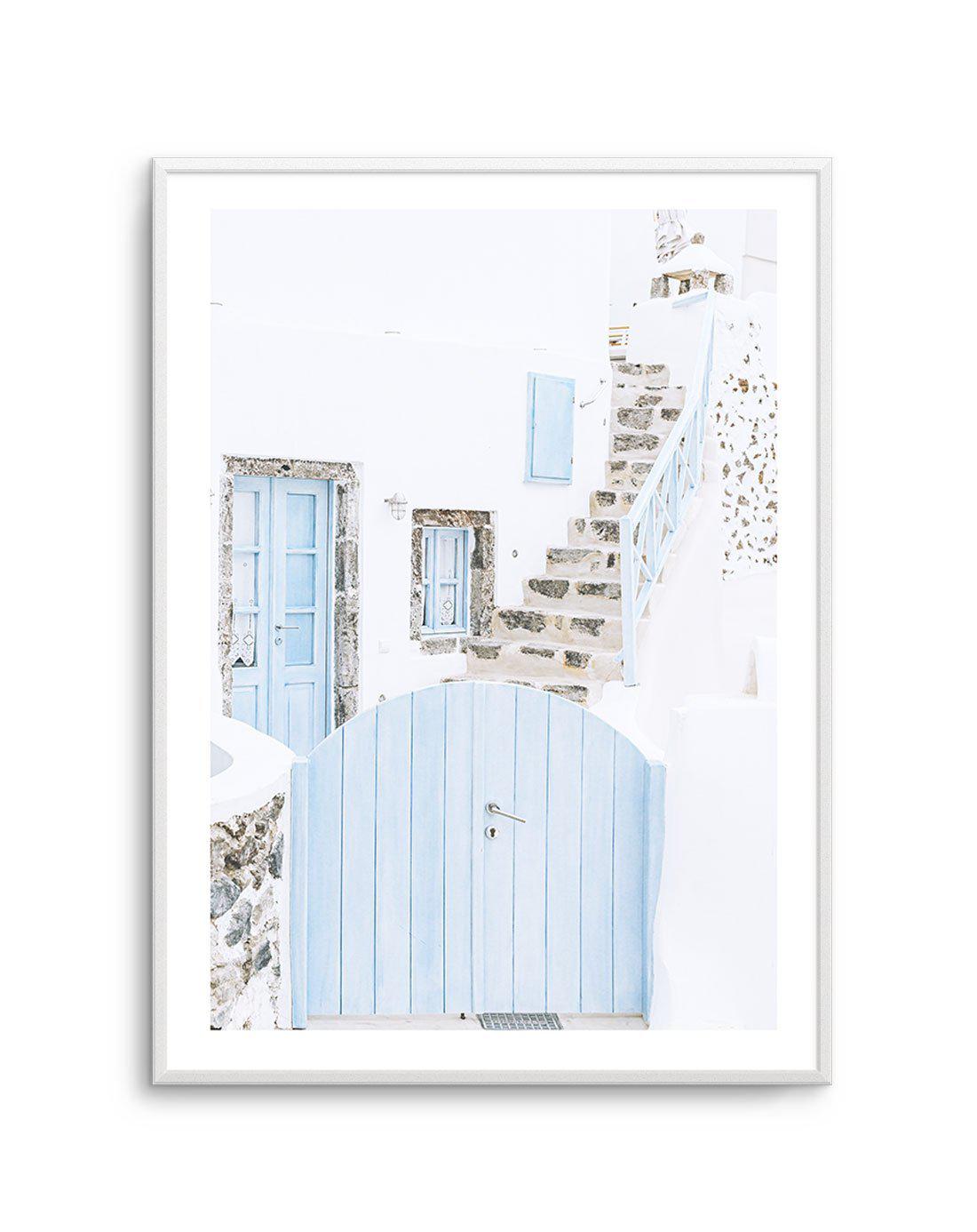 Little Blue Gate | Santorini Art Print-Shop Greece Wall Art Prints Online with Olive et Oriel - Our collection of Greek Islands art prints offer unique wall art including blue domes of Santorini in Oia, mediterranean sea prints and incredible posters from Milos and other Greece landscape photography - this collection will add mediterranean blue to your home, perfect for updating the walls in coastal, beach house style. There is Greece art on canvas and extra large wall art with fast, free shippi