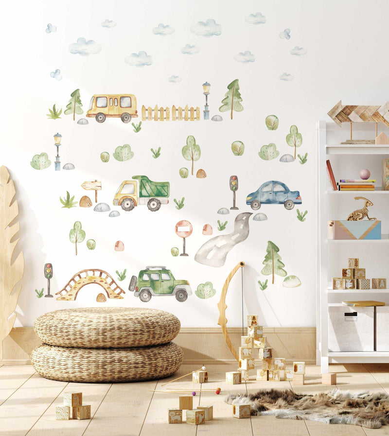Little Cars Adventure Decal Set-Decals-Olive et Oriel-Decorate your kids bedroom wall decor with removable wall decals, these fabric kids decals are a great way to add colour and update your children's bedroom. Available as girls wall decals or boys wall decals, there are also nursery decals.