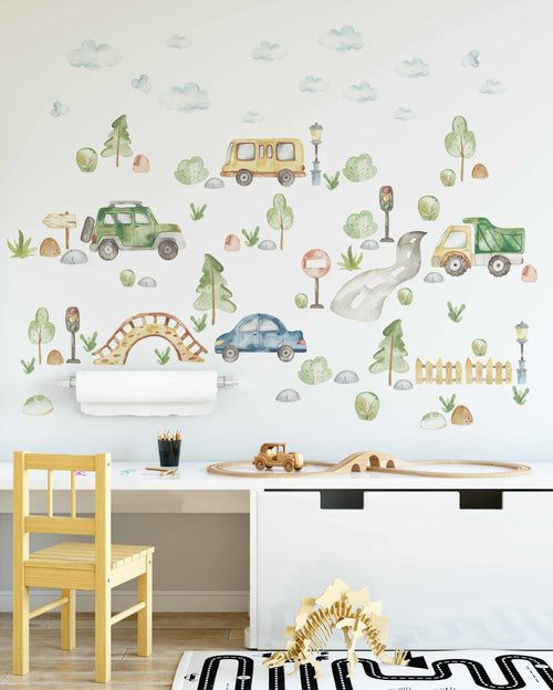 Little Cars Adventure Decal Set-Decals-Olive et Oriel-Decorate your kids bedroom wall decor with removable wall decals, these fabric kids decals are a great way to add colour and update your children's bedroom. Available as girls wall decals or boys wall decals, there are also nursery decals.