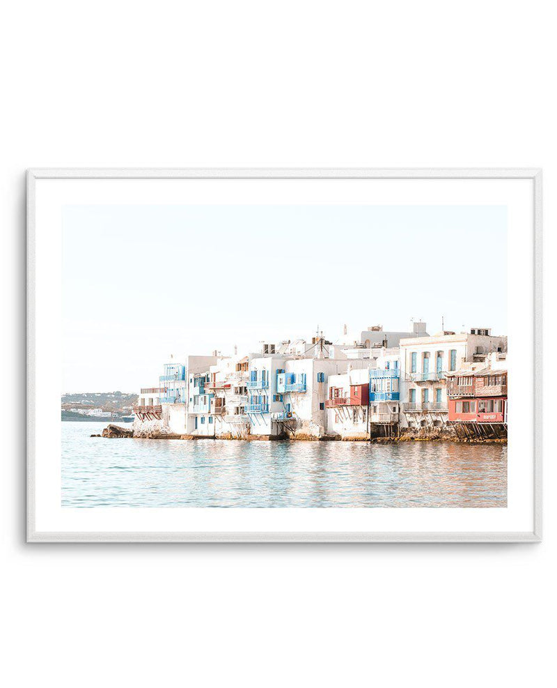 Little Venice | Mykonos Art Print-Shop Greece Wall Art Prints Online with Olive et Oriel - Our collection of Greek Islands art prints offer unique wall art including blue domes of Santorini in Oia, mediterranean sea prints and incredible posters from Milos and other Greece landscape photography - this collection will add mediterranean blue to your home, perfect for updating the walls in coastal, beach house style. There is Greece art on canvas and extra large wall art with fast, free shipping ac