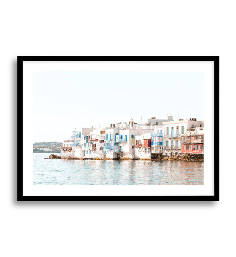 Little Venice | Mykonos Art Print-Shop Greece Wall Art Prints Online with Olive et Oriel - Our collection of Greek Islands art prints offer unique wall art including blue domes of Santorini in Oia, mediterranean sea prints and incredible posters from Milos and other Greece landscape photography - this collection will add mediterranean blue to your home, perfect for updating the walls in coastal, beach house style. There is Greece art on canvas and extra large wall art with fast, free shipping ac