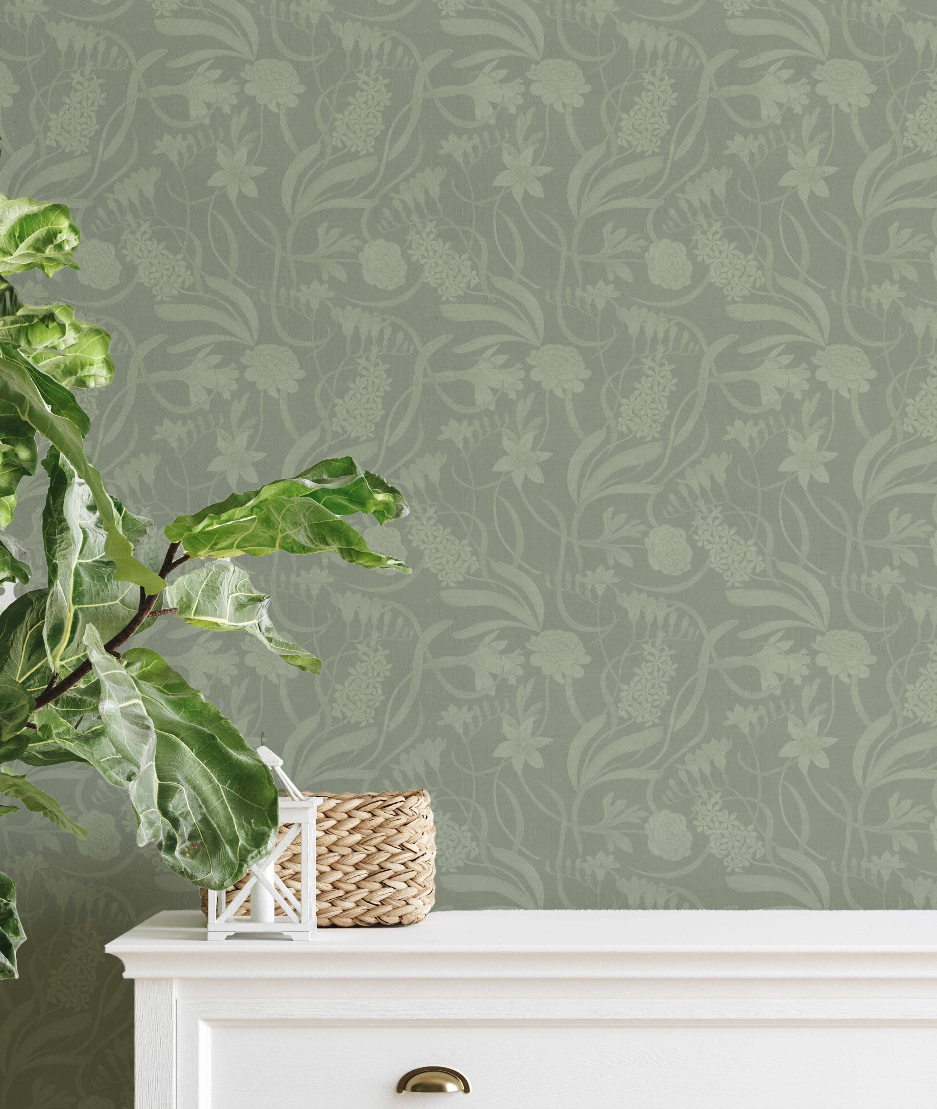 Luxe Floral Vine in Sage Green Wallpaper-Wallpaper-Buy Australian Removable Wallpaper Now Sage Green Wallpaper Peel And Stick Wallpaper Online At Olive et Oriel Custom Made Wallpapers Wall Papers Decorate Your Bedroom Living Room Kids Room or Commercial Interior