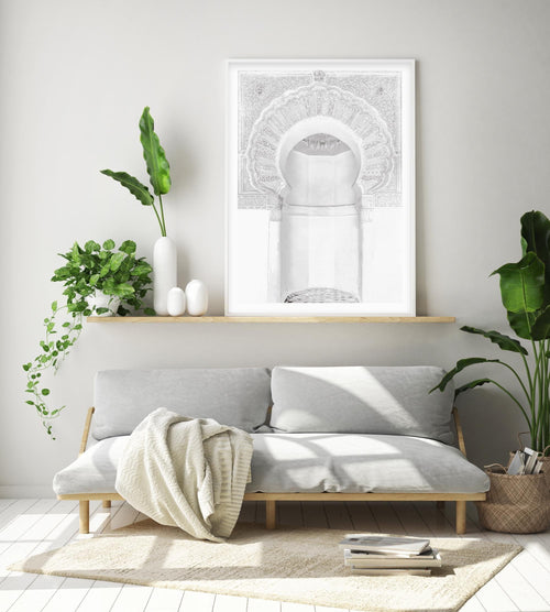 Moroccan Arch | White Art Print-Shop Australian Art Prints Online with Olive et Oriel - Our collection of Moroccan art prints offer unique wall art including moroccan arches and pink morocco doors of marrakech - this collection will add soft feminine colour to your walls and some may say bohemian style. These traditional morocco landscape photography includes desert scenes of palm trees and camel art prints - there is art on canvas and extra large wall art with fast, free shipping across Austral