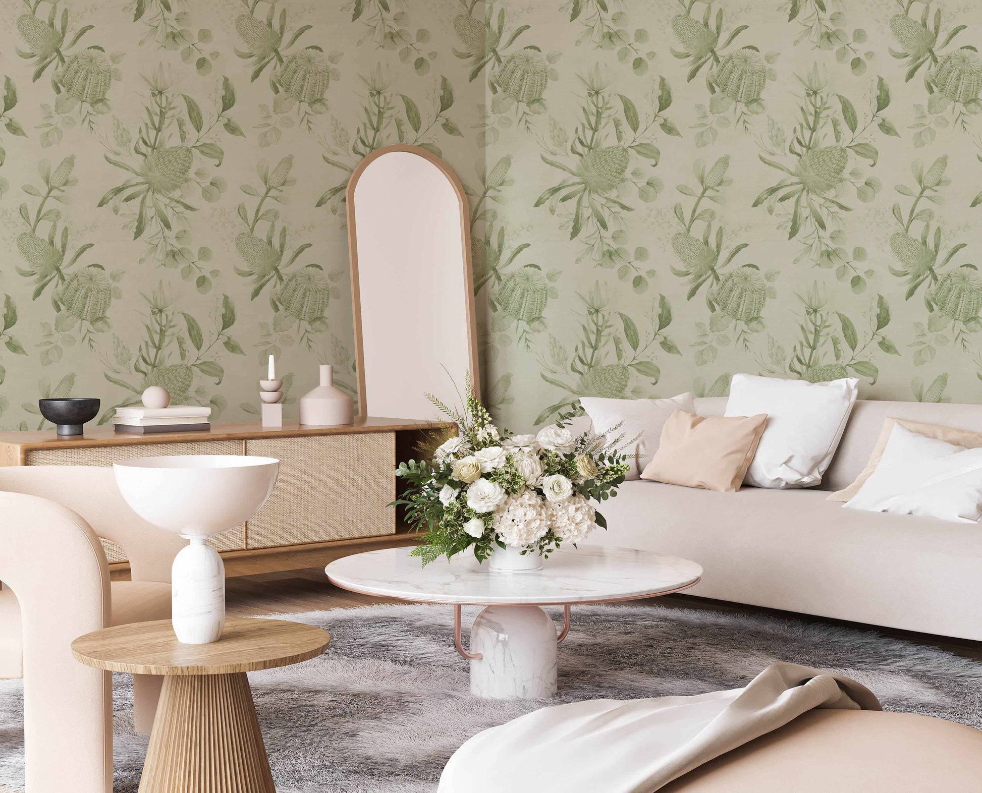 Native Garden Sage Green Wallpaper-Wallpaper-Buy Australian Removable Wallpaper Now Sage Green Wallpaper Peel And Stick Wallpaper Online At Olive et Oriel Custom Made Wallpapers Wall Papers Decorate Your Bedroom Living Room Kids Room or Commercial Interior