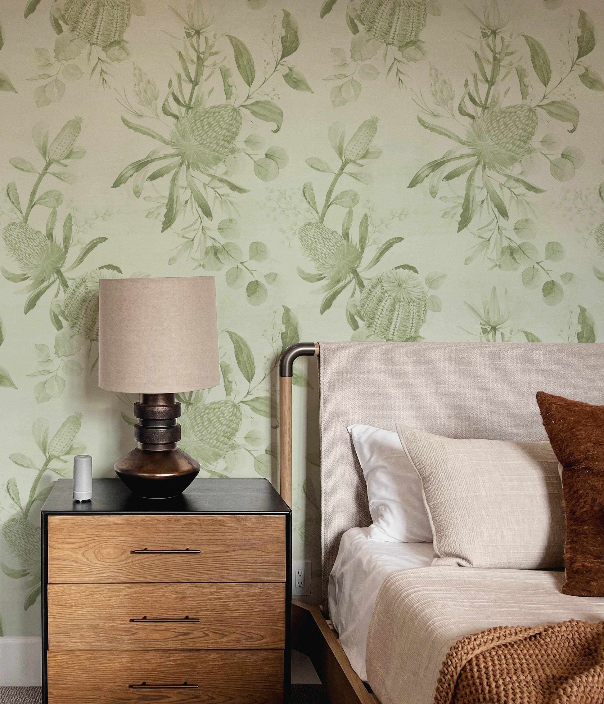 Native Garden Sage Green Wallpaper-Wallpaper-Buy Australian Removable Wallpaper Now Sage Green Wallpaper Peel And Stick Wallpaper Online At Olive et Oriel Custom Made Wallpapers Wall Papers Decorate Your Bedroom Living Room Kids Room or Commercial Interior