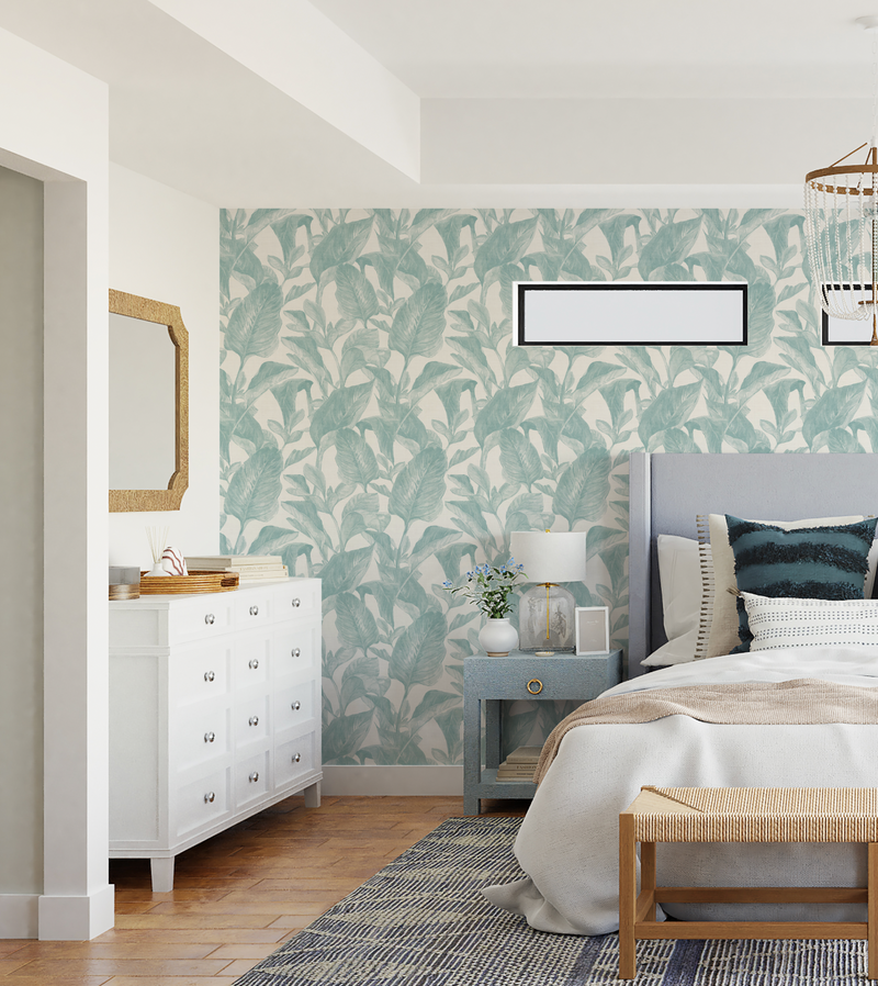 Oasis Palm Light Teal Blue Wallpaper from Olive et Oriel where you can shop wallpaper and artworks online