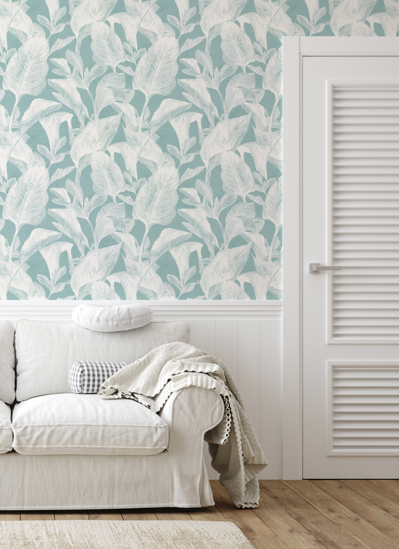 Oasis Palm Teal Blue Wallpaper from Olive et Oriel where you can shop wallpaper and artworks online