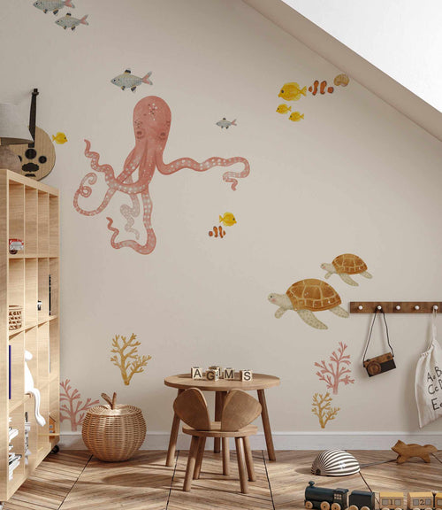 Octopus & Ocean Friends Decal Set-Decals-Olive et Oriel-Decorate your kids bedroom wall decor with removable wall decals, these fabric kids decals are a great way to add colour and update your children's bedroom. Available as girls wall decals or boys wall decals, there are also nursery decals.