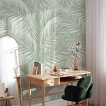 Palm Escape Sage Green On White Wallpaper-Wallpaper-Buy Australian Removable Wallpaper Now Sage Green Wallpaper Peel And Stick Wallpaper Online At Olive et Oriel Custom Made Wallpapers Wall Papers Decorate Your Bedroom Living Room Kids Room or Commercial Interior