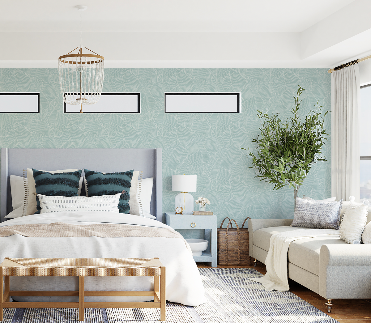 Palm Leaf Luxe Light Teal Blue Wallpaper from Olive et Oriel where you can shop wallpaper and artworks online
