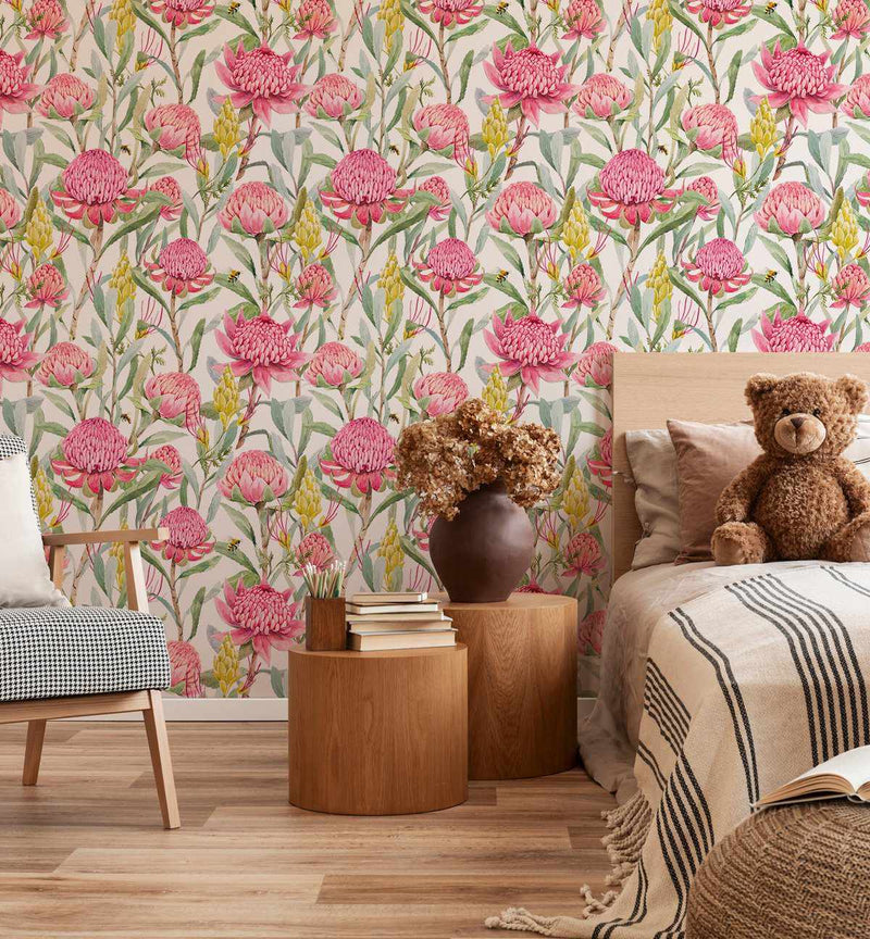 Pink Waratah Wallpaper-Wallpaper-Buy Kids Removable Wallpaper Online Our Custom Made Children√¢‚Ç¨‚Ñ¢s Wallpapers Are A Fun Way To Decorate And Enhance Boys Bedroom Decor And Girls Bedrooms They Are An Amazing Addition To Your Kids Bedroom Walls Our Collection of Kids Wallpaper Is Sure To Transform Your Kids Rooms Interior Style From Pink Wallpaper To Dinosaur Wallpaper Even Marble Wallpapers For Teen Boys Shop Peel And Stick Wallpaper Online Today With Olive et Oriel