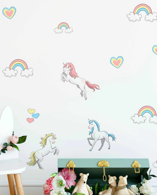Rainbow Unicorns Decal Set-Decals-Olive et Oriel-Decorate your kids bedroom wall decor with removable wall decals, these fabric kids decals are a great way to add colour and update your children's bedroom. Available as girls wall decals or boys wall decals, there are also nursery decals.