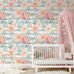 Sage Stripes & Pink Flowers Wallpaper-Wallpaper-Buy Kids Removable Wallpaper Online Our Custom Made Children‚àö¬¢‚Äö√á¬®‚Äö√ë¬¢s Wallpapers Are A Fun Way To Decorate And Enhance Boys Bedroom Decor And Girls Bedrooms They Are An Amazing Addition To Your Kids Bedroom Walls Our Collection of Kids Wallpaper Is Sure To Transform Your Kids Rooms Interior Style From Pink Wallpaper To Dinosaur Wallpaper Even Marble Wallpapers For Teen Boys Shop Peel And Stick Wallpaper Online Today With Olive et Oriel