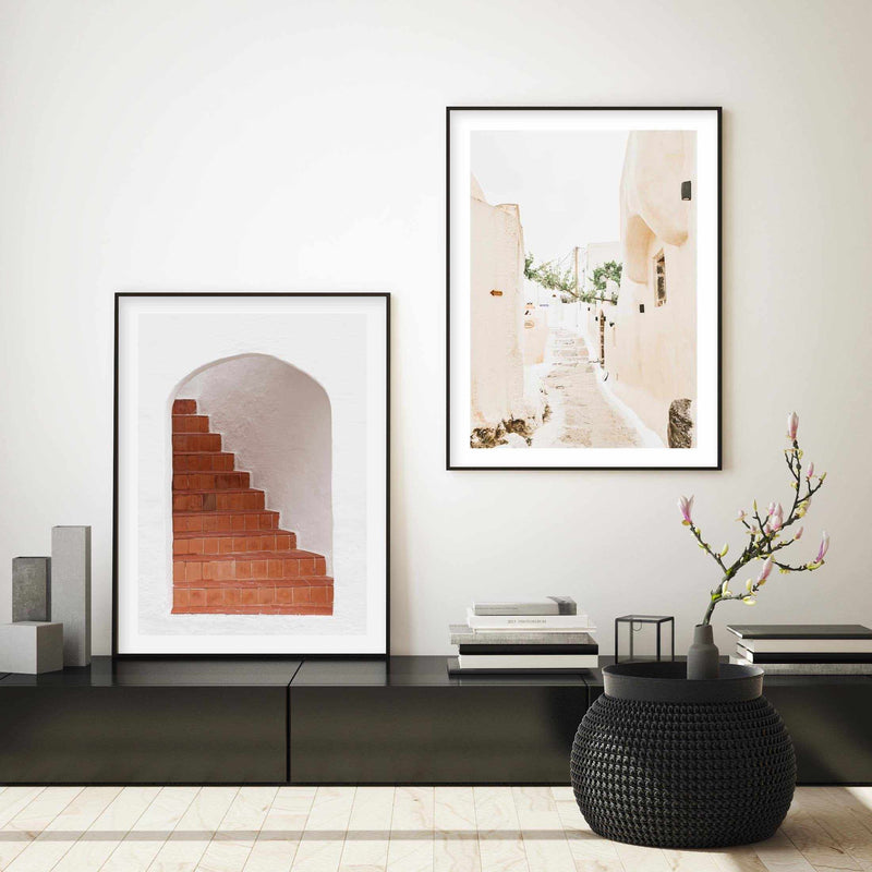 Santorini Staircase Art Print-Shop Greece Wall Art Prints Online with Olive et Oriel - Our collection of Greek Islands art prints offer unique wall art including blue domes of Santorini in Oia, mediterranean sea prints and incredible posters from Milos and other Greece landscape photography - this collection will add mediterranean blue to your home, perfect for updating the walls in coastal, beach house style. There is Greece art on canvas and extra large wall art with fast, free shipping across