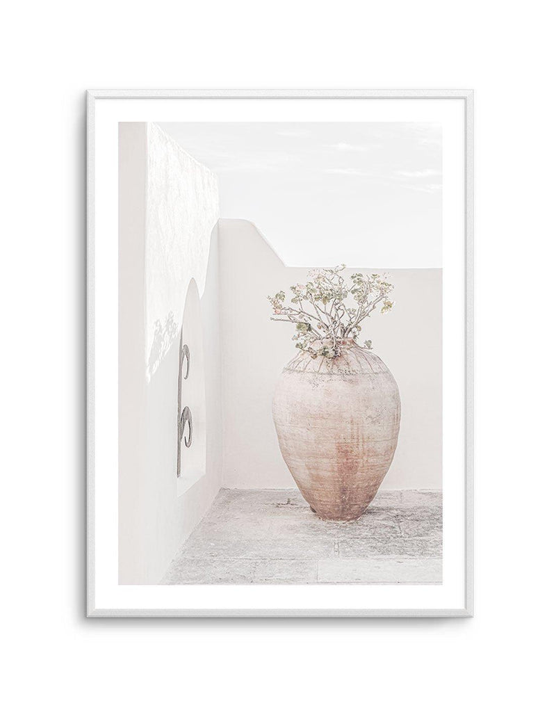 Santorini Vase Art Print-Shop Greece Wall Art Prints Online with Olive et Oriel - Our collection of Greek Islands art prints offer unique wall art including blue domes of Santorini in Oia, mediterranean sea prints and incredible posters from Milos and other Greece landscape photography - this collection will add mediterranean blue to your home, perfect for updating the walls in coastal, beach house style. There is Greece art on canvas and extra large wall art with fast, free shipping across Aust