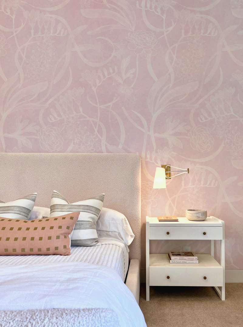 Tropical Blooms Pink Wallpaper from Olive et Oriel where you can shop wallpaper and artworks online