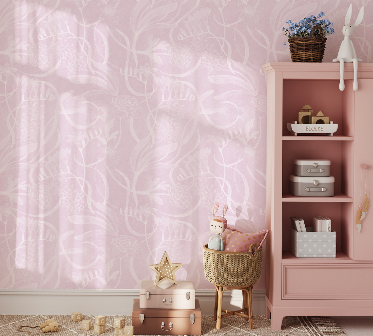 Tropical Blooms Pink Wallpaper from Olive et Oriel where you can shop wallpaper and artworks online