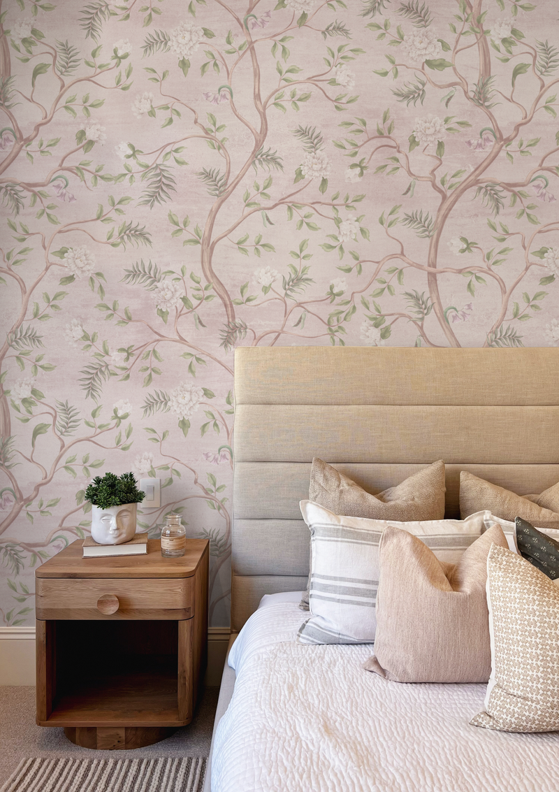 Eastern Vines Pink Wallpaper from Olive et Oriel where you can shop wallpaper and artworks online